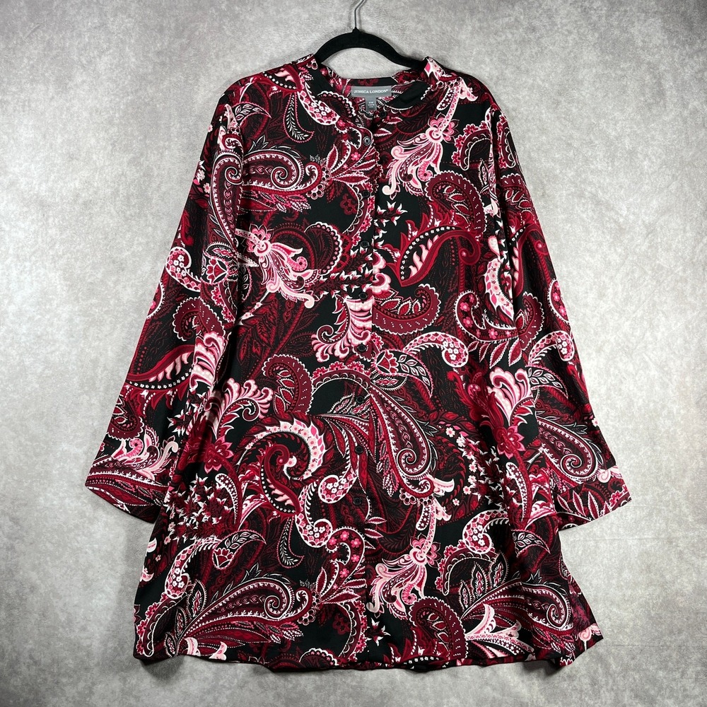 Jessica London Swing Tunic Top Womens 16W Red‎ Pink Paisley Long Sleeve Boho Art